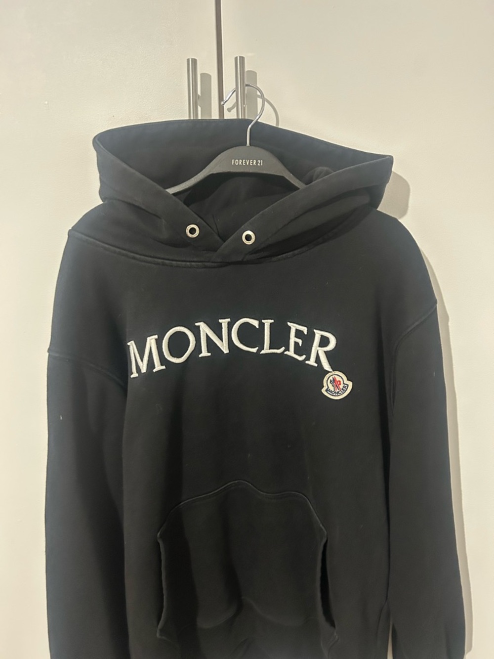 Moncler Black Hoodie with White Logo Embroidery